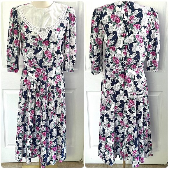 Vintage Lisa II Blue White Floral Bib Collar Cottagecore Midi Dress Womens sz L - Picture 1 of 5